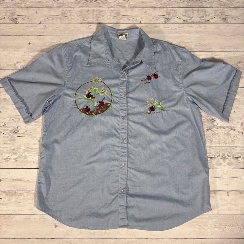 Collections Etc. Women's XL Button Down Embroidered Ladybug Shirt